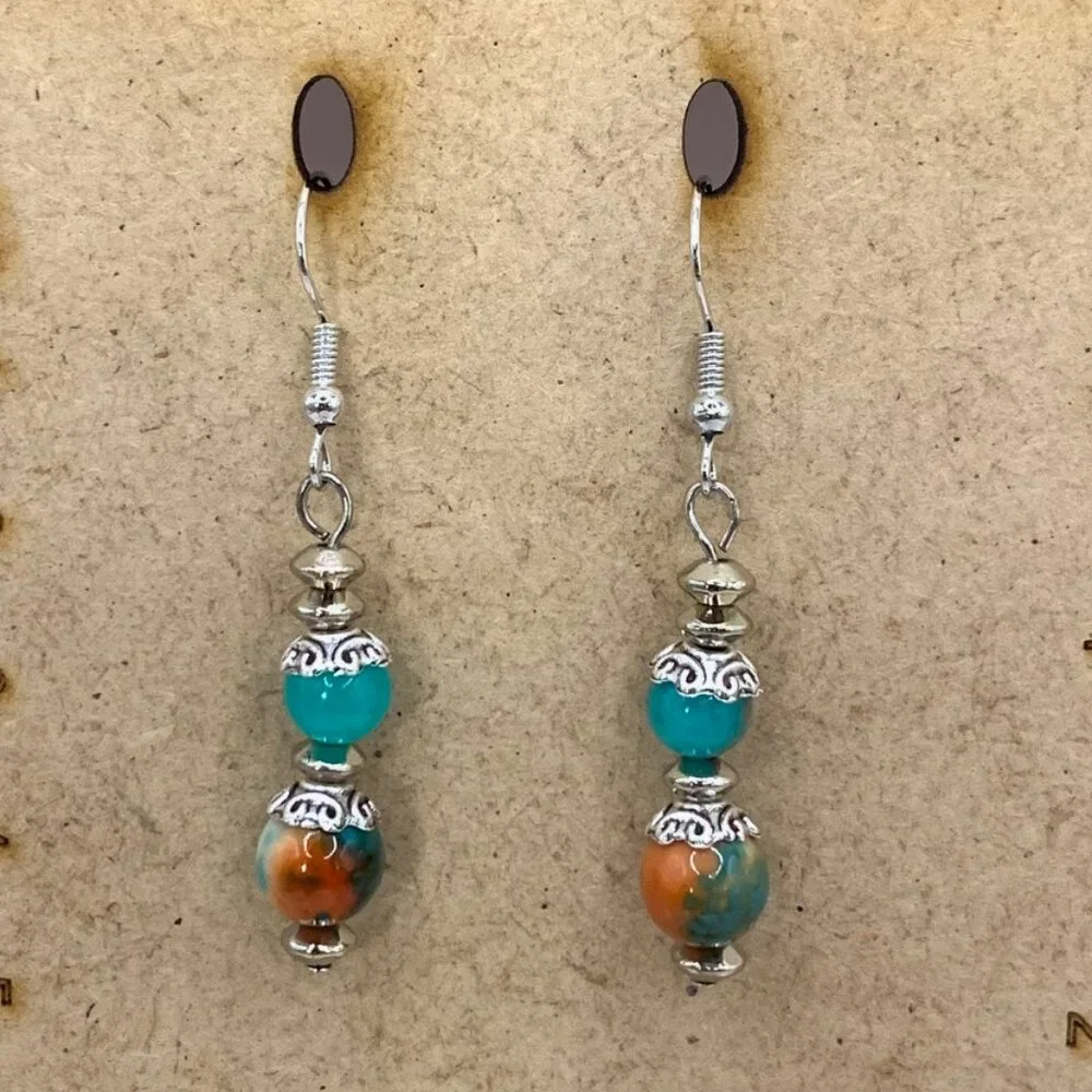 Sea Sediment Jasper w/Orange & Blue Rain Flower Jasper Handmade Earrings LR113